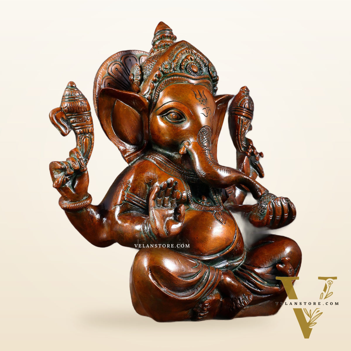 Brass Ganesha Idol with Sharp Features - 8 Inch Vintage brown