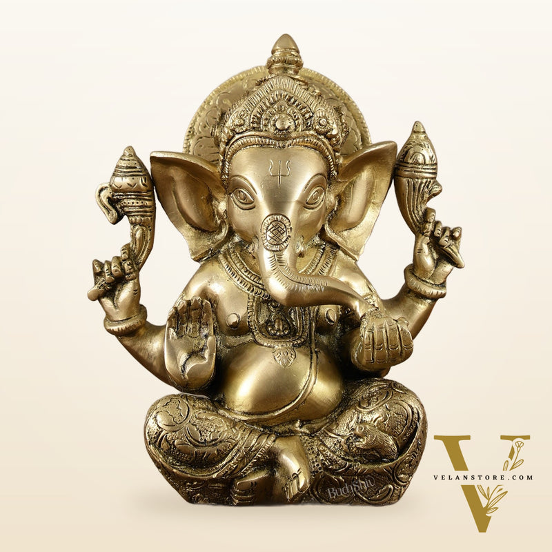 Brass Ganesha Idol with Sharp Features - 8 Inch