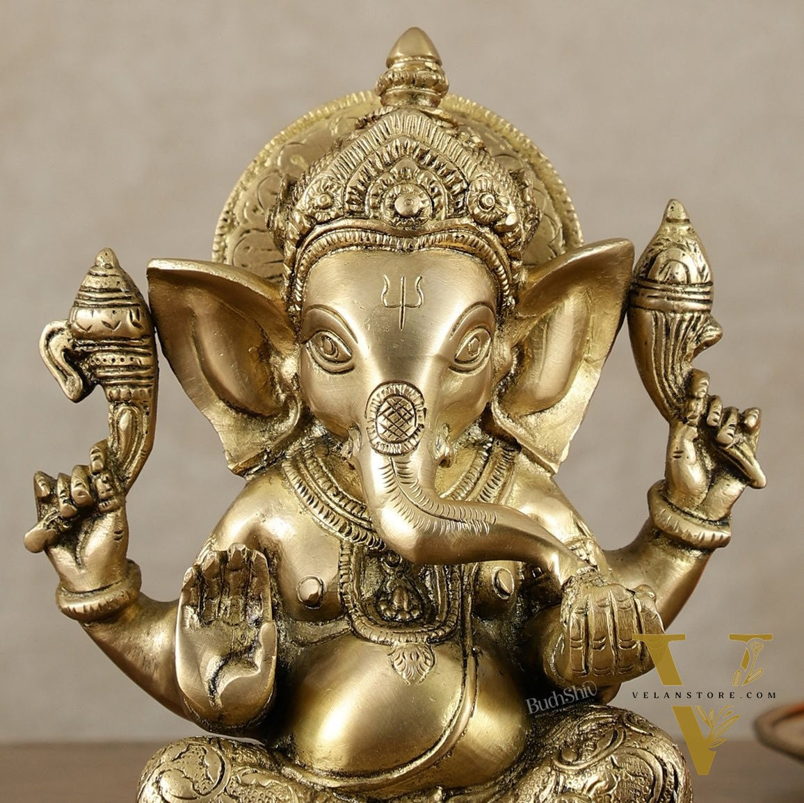 Brass Ganesha Idol with Sharp Features - 8 Inch