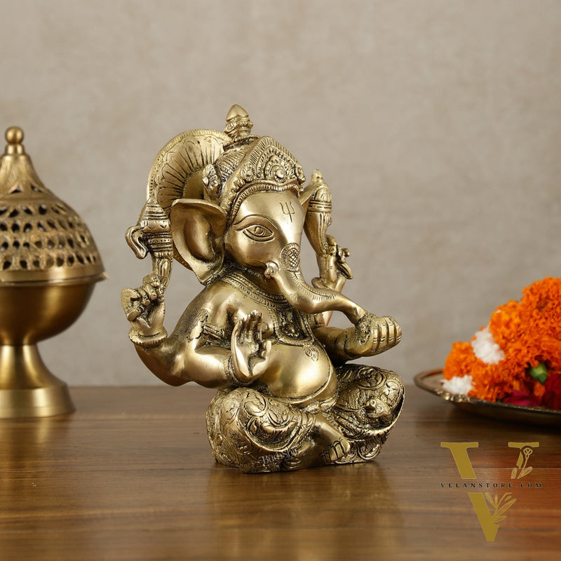 Brass Ganesha Idol with Sharp Features - 8 Inch