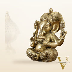 Brass Ganesha Idol with Sharp Features - 8 Inch