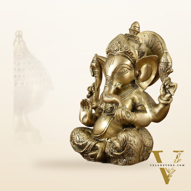Brass Ganesha Idol with Sharp Features - 8 Inch