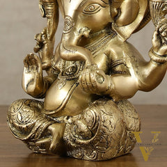 Brass Ganesha Idol with Sharp Features - 8 Inch