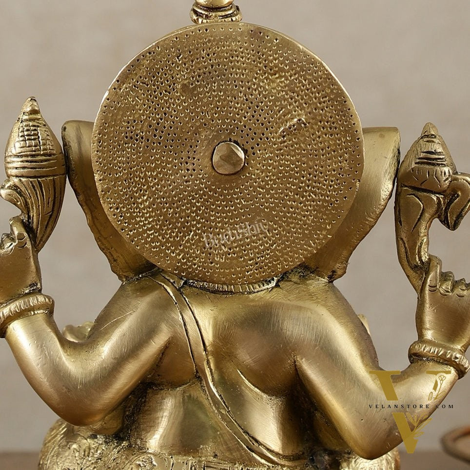 Brass Ganesha Idol with Sharp Features - 8 Inch