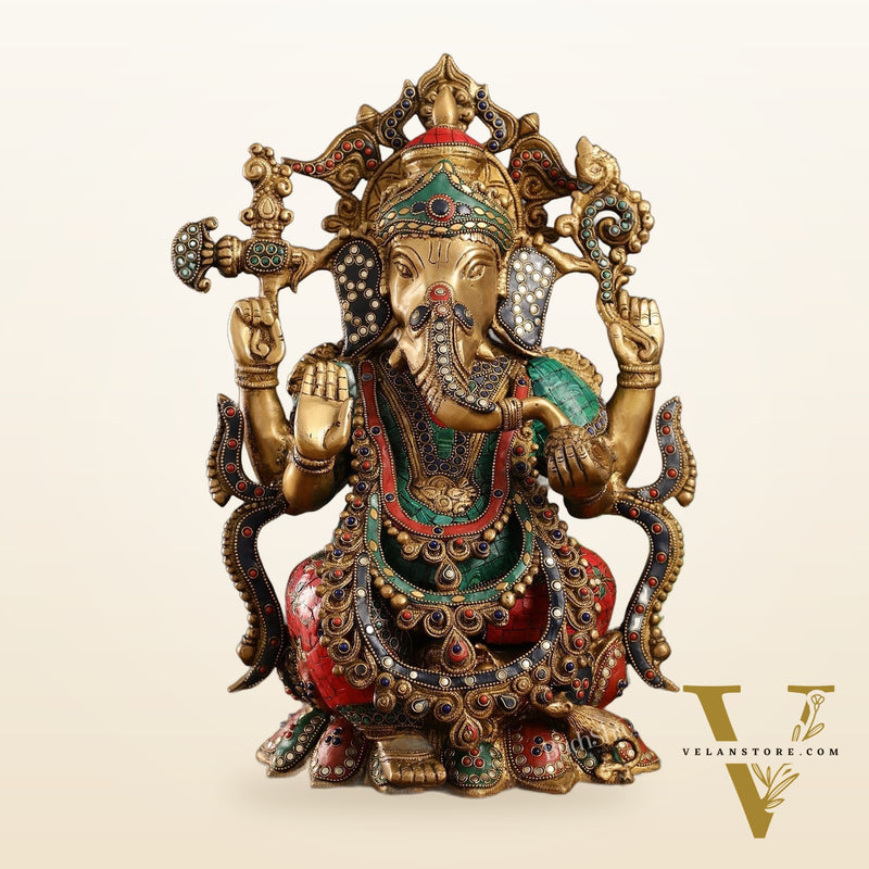 Brass Ganesha Idol with Stonework 16 inch