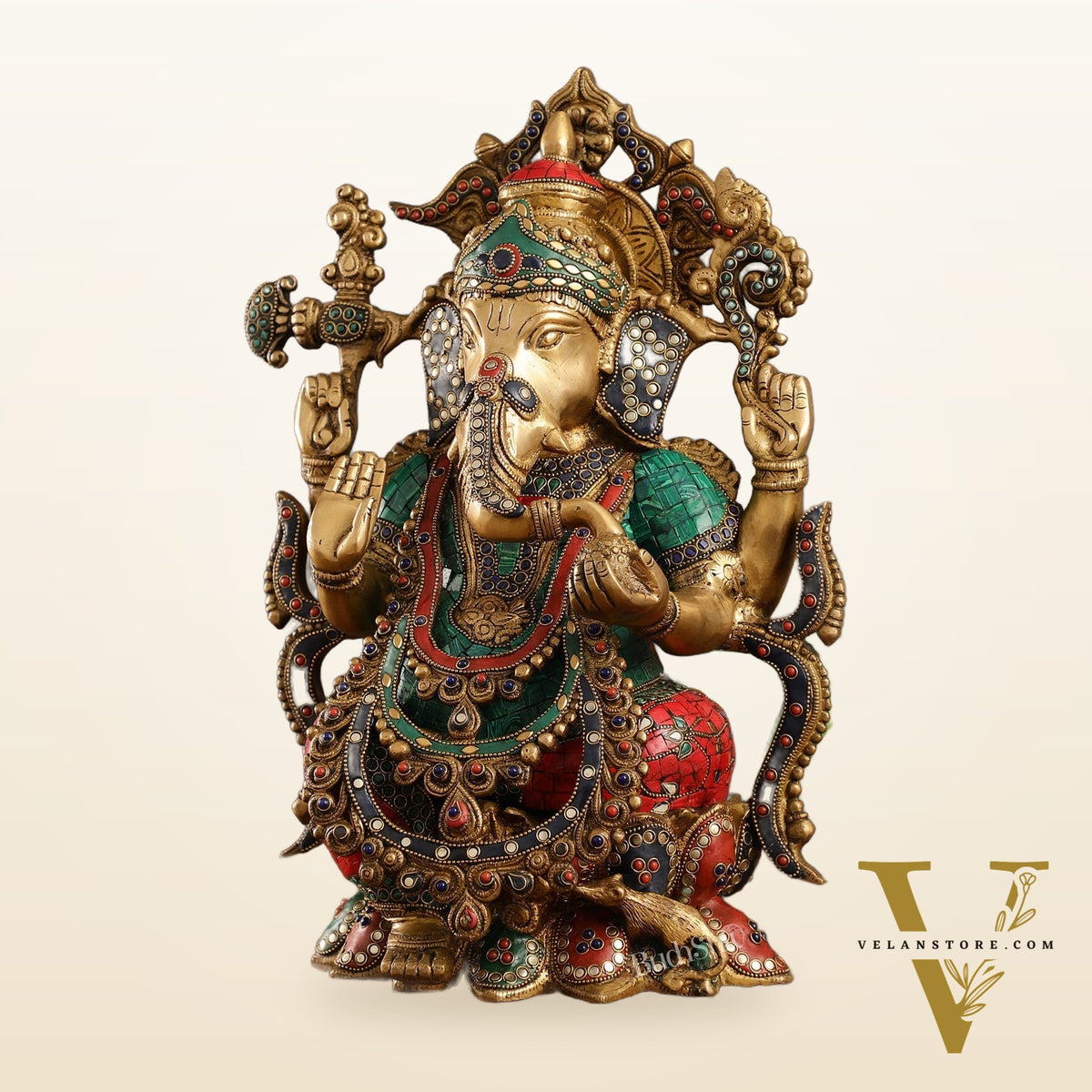 Brass Ganesha Idol with Stonework 16 inch