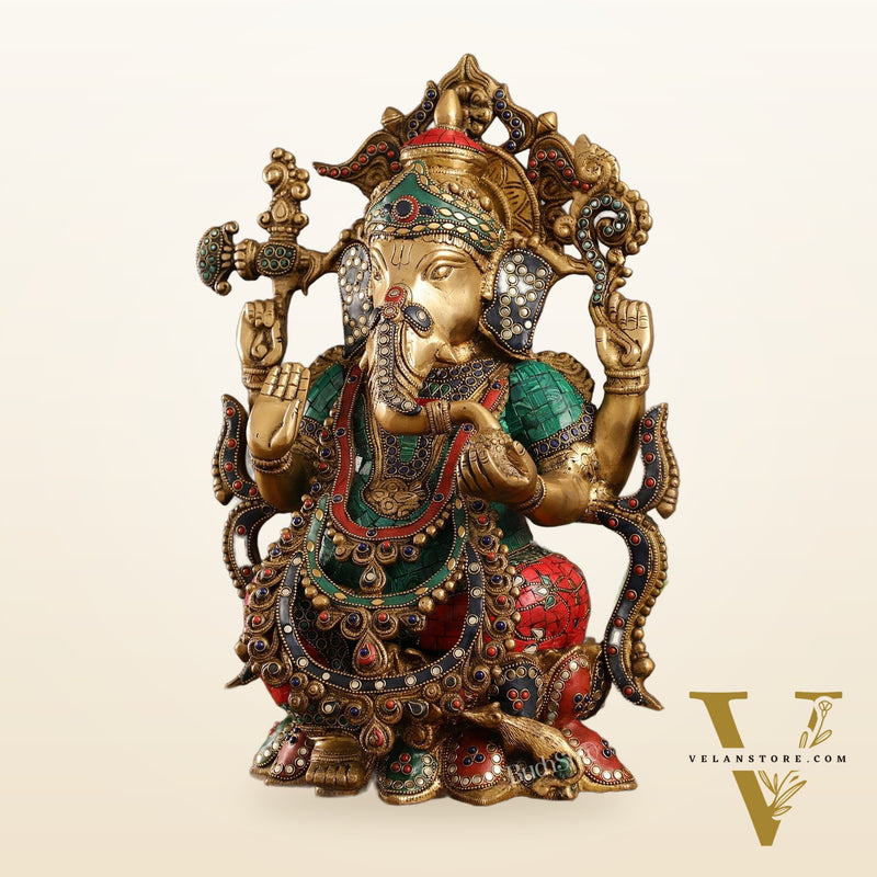 Brass Ganesha Idol with Stonework 16 inch