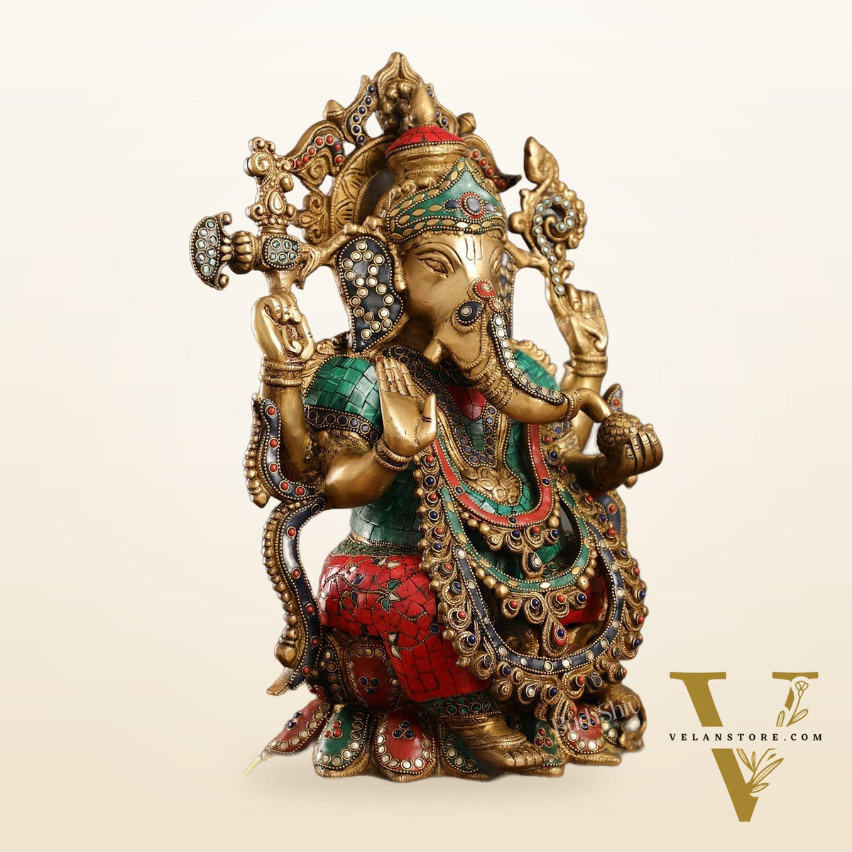 Brass Ganesha Idol with Stonework 16 inch