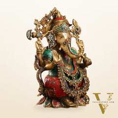 Brass Ganesha Idol with Stonework 16 inch