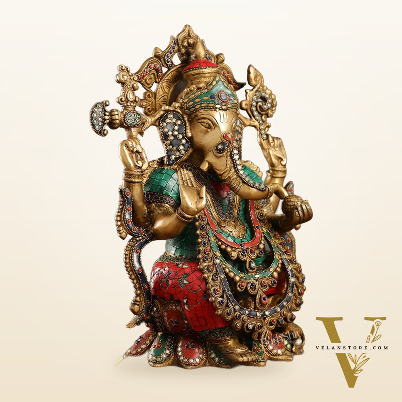 Brass Ganesha Idol with Stonework 16 inch