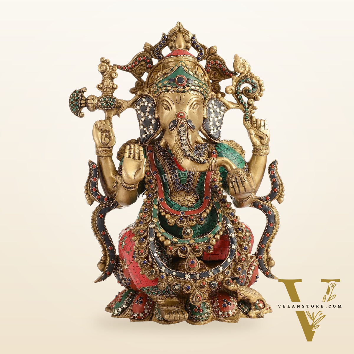 Brass Ganesha Idol with Stonework 16 inch