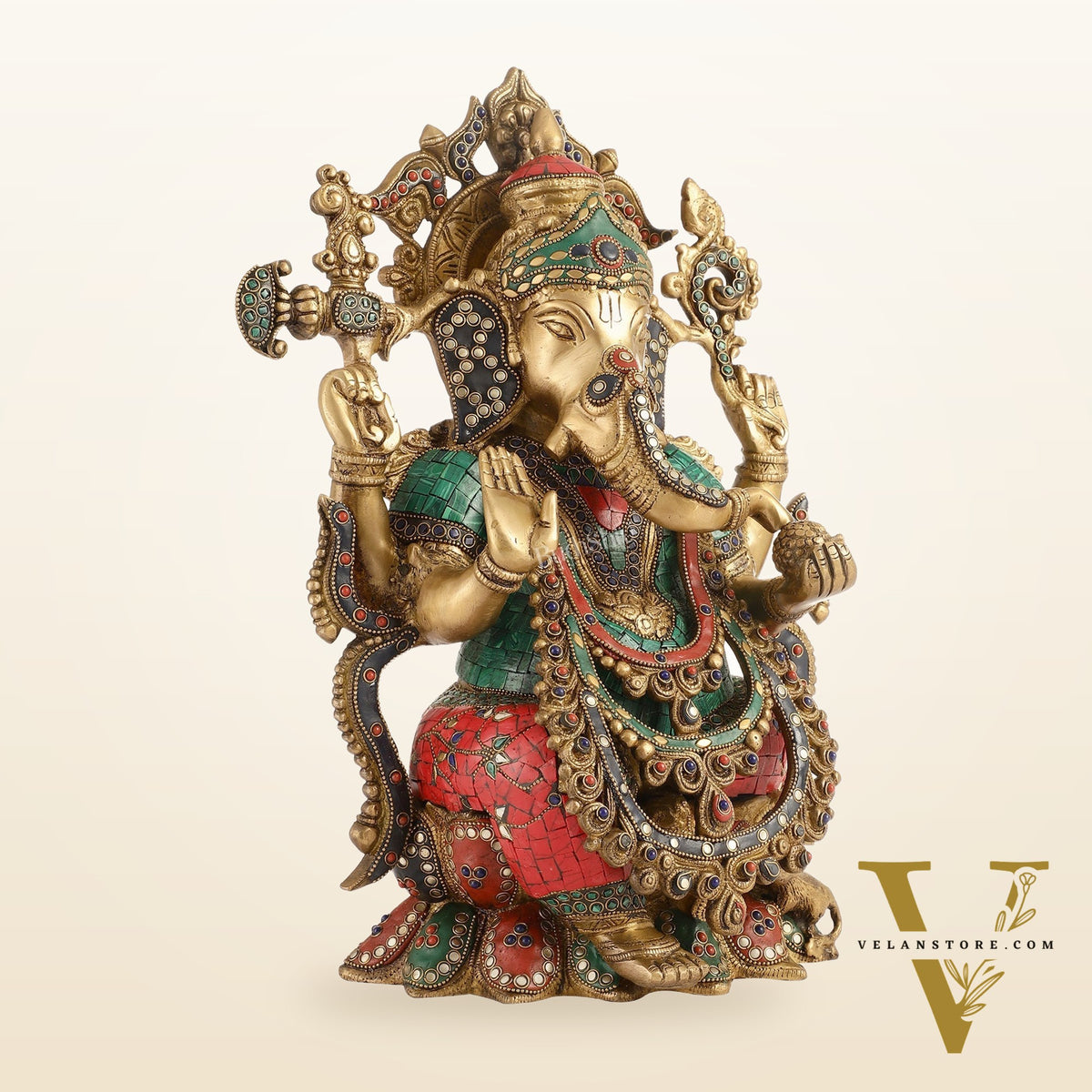 Brass Ganesha Idol with Stonework 16 inch