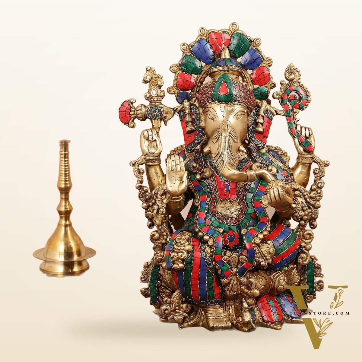 Brass Ganesha Idol with Stonework 16 inch