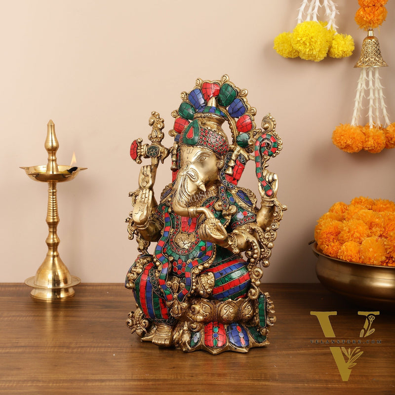 Brass Ganesha Idol with Stonework 16 inch