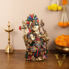 Brass Ganesha Idol with Stonework 16 inch