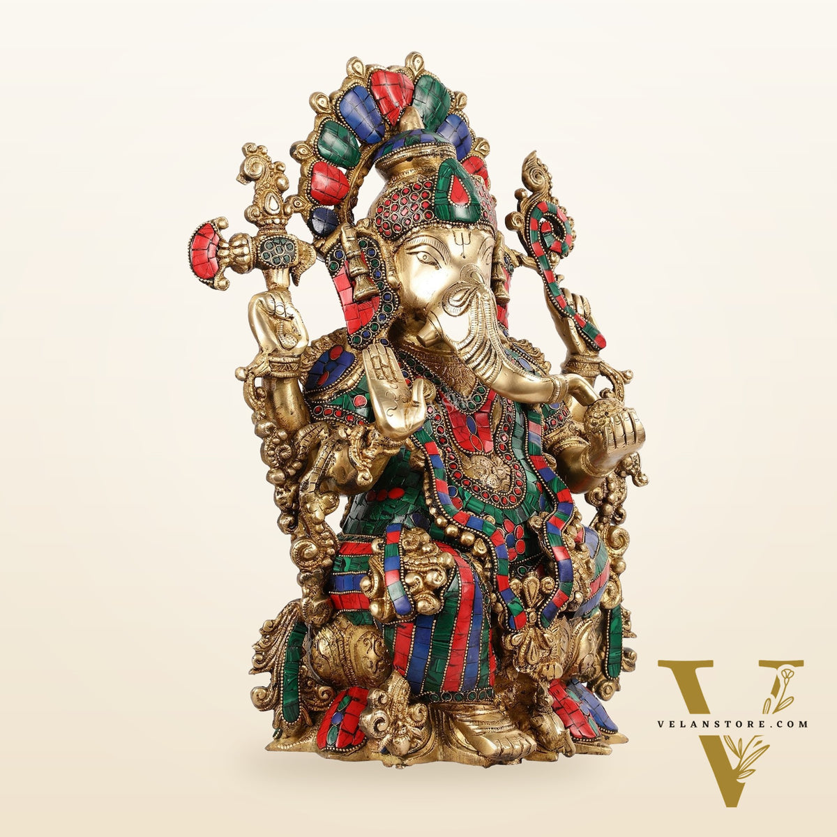 Brass Ganesha Idol with Stonework 16 inch