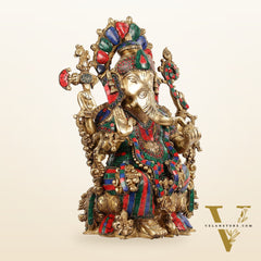 Brass Ganesha Idol with Stonework 16 inch