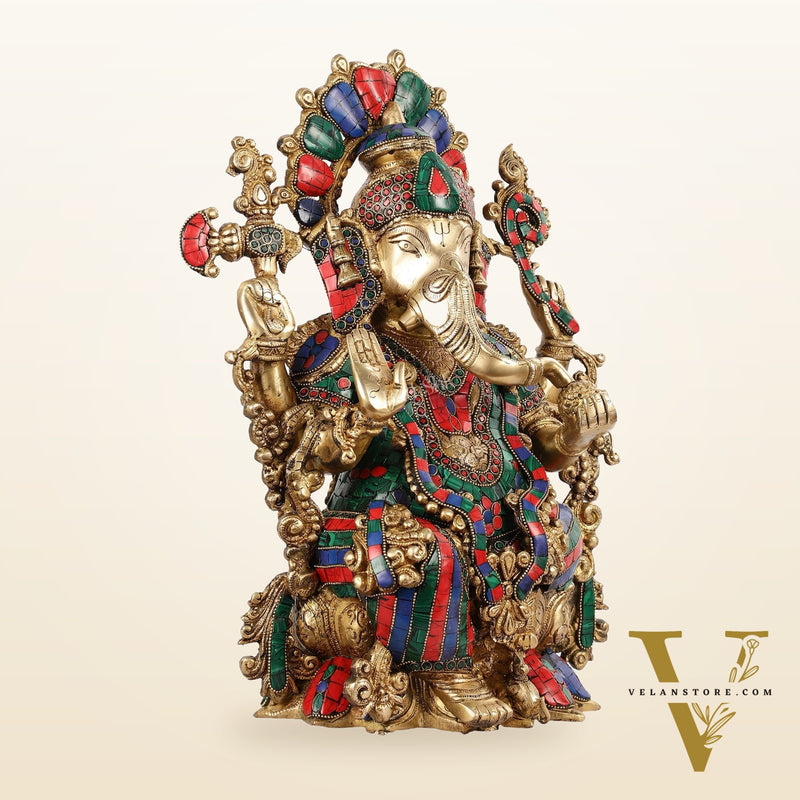 Brass Ganesha Idol with Stonework 16 inch