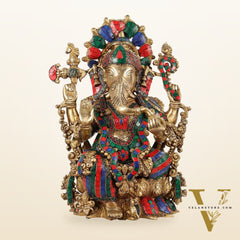 Brass Ganesha Idol with Stonework 16 inch