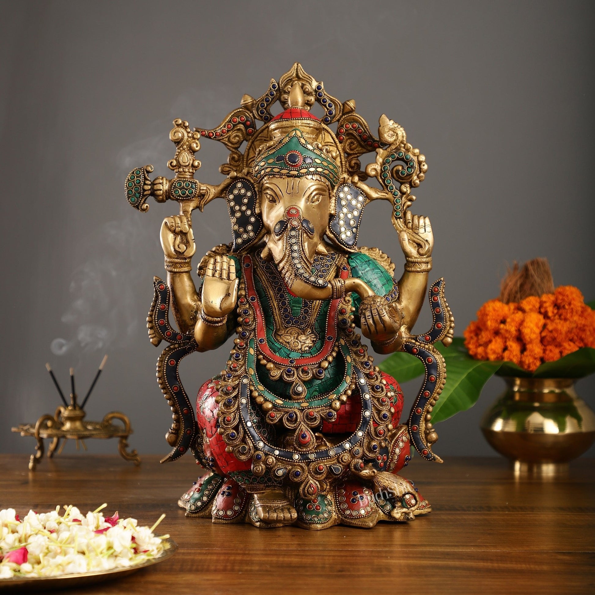 Brass Ganesha Idol with Stonework 16 inch