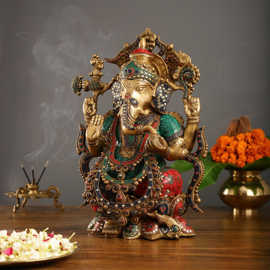 Brass Ganesha Idol with Stonework 16 inch