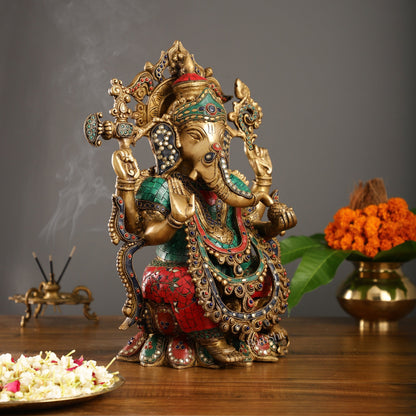 Brass Ganesha Idol with Stonework 16 inch