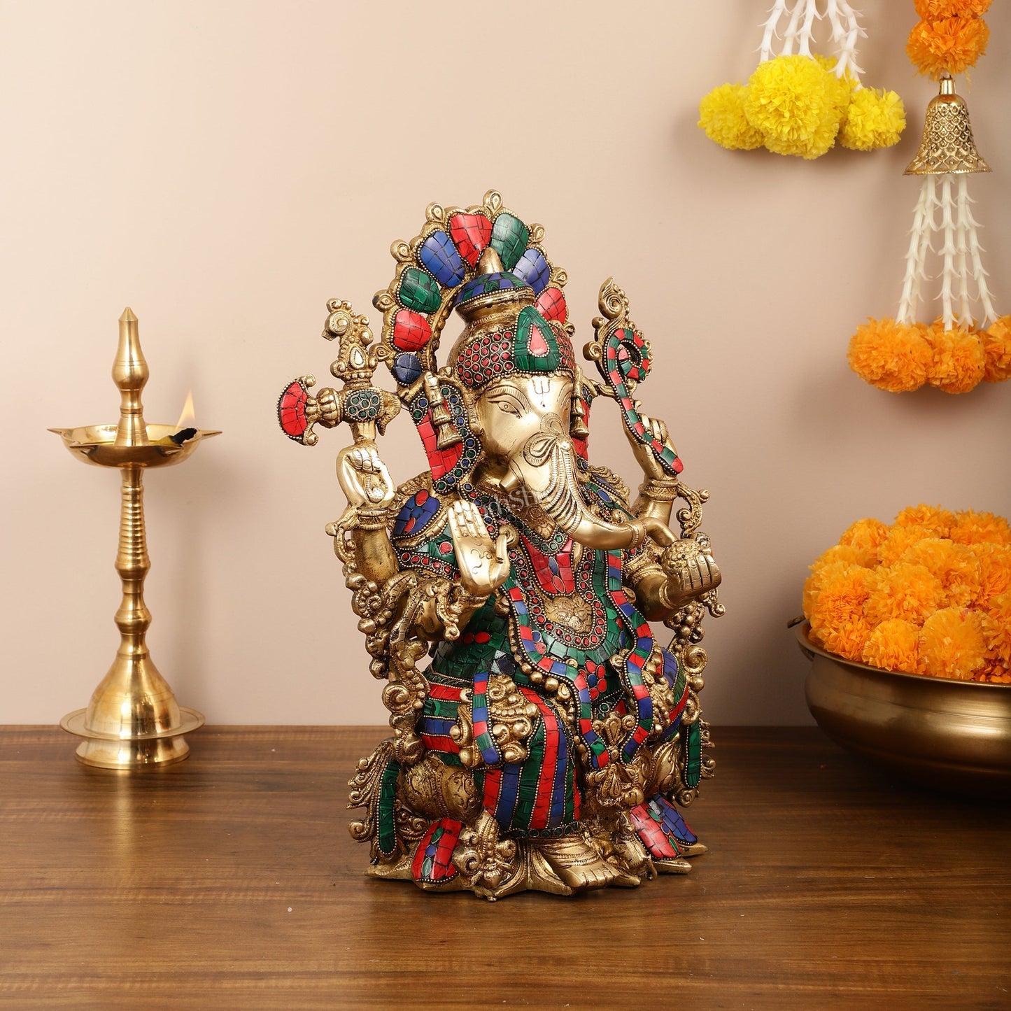 Brass Ganesha Idol with Stonework 16 inch
