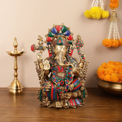 Brass Ganesha Idol with Stonework 16 inch