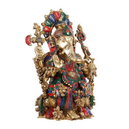 Brass Ganesha Idol with Stonework 16 inch