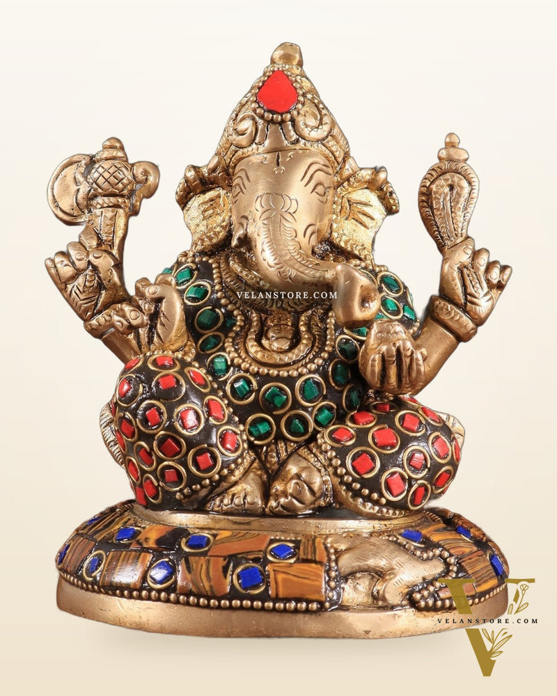 Brass Ganesha Idol with Stonework – 5" x 3" x 2" | Auspicious & Artistic Decor