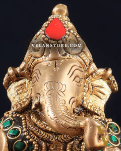 Brass Ganesha Idol with Stonework – 5" x 3" x 2" | Auspicious & Artistic Decor