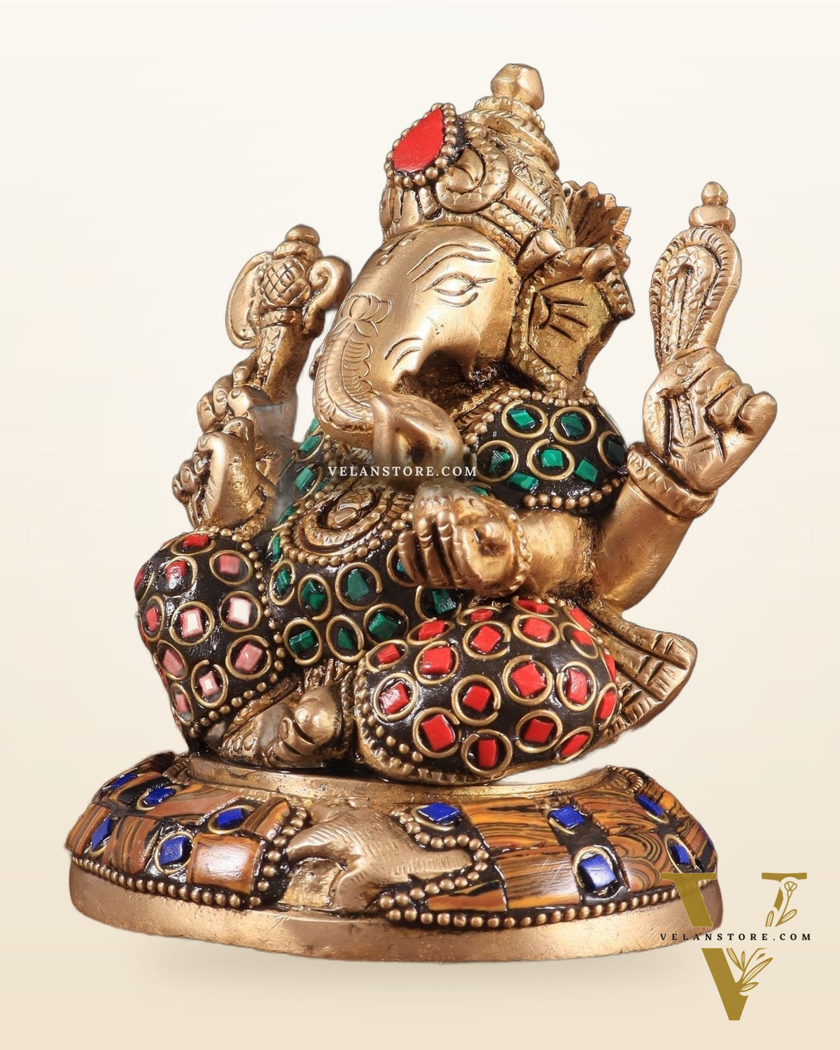 Brass Ganesha Idol with Stonework – 5" x 3" x 2" | Auspicious & Artistic Decor