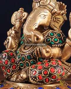 Brass Ganesha Idol with Stonework – 5" x 3" x 2" | Auspicious & Artistic Decor