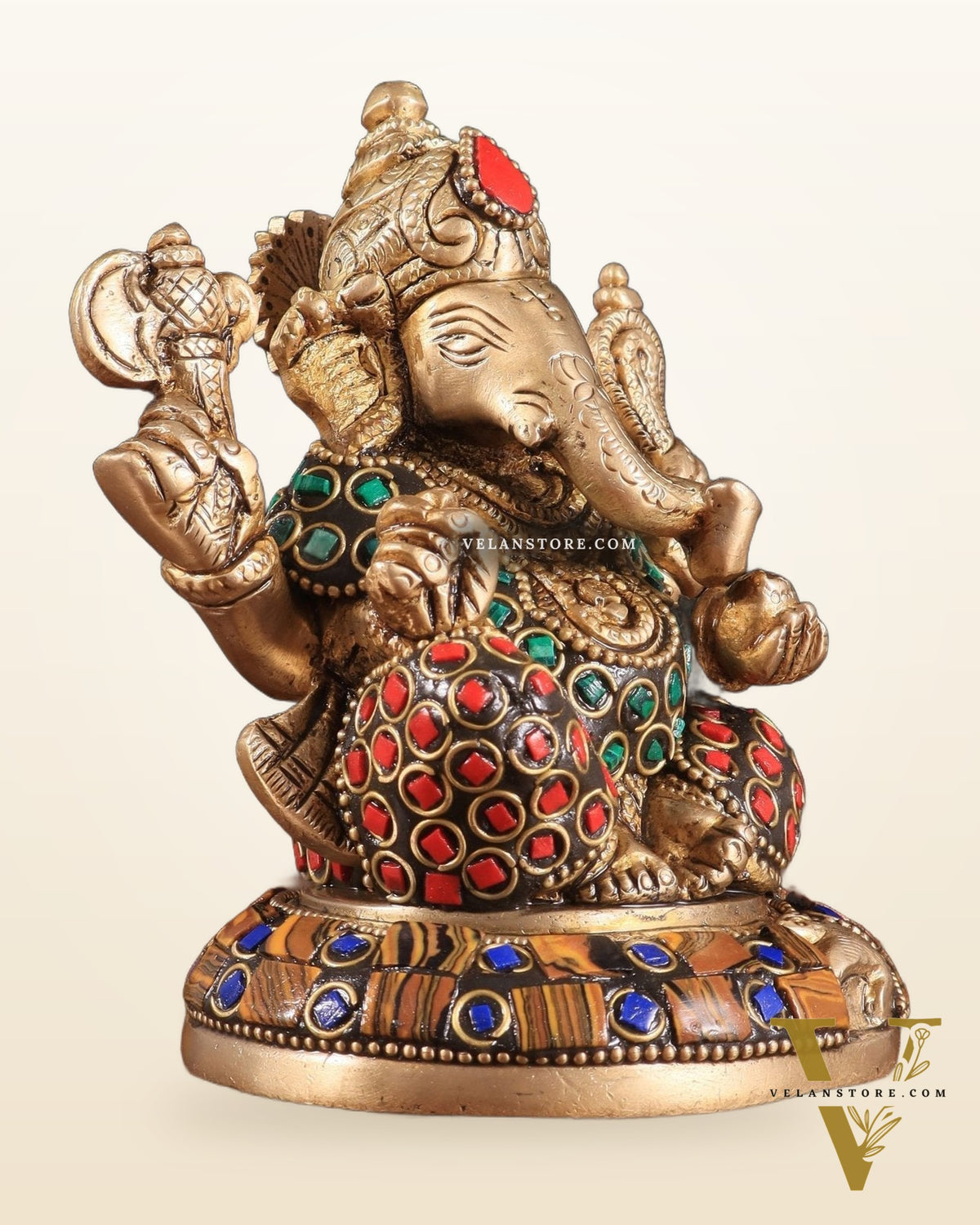 Brass Ganesha Idol with Stonework – 5" x 3" x 2" | Auspicious & Artistic Decor