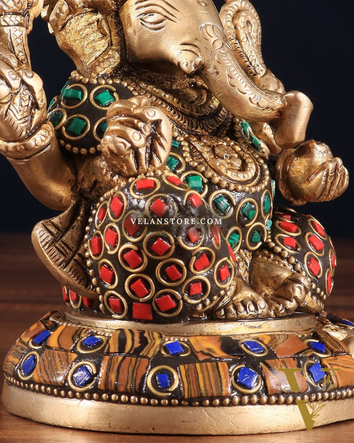 Brass Ganesha Idol with Stonework – 5" x 3" x 2" | Auspicious & Artistic Decor