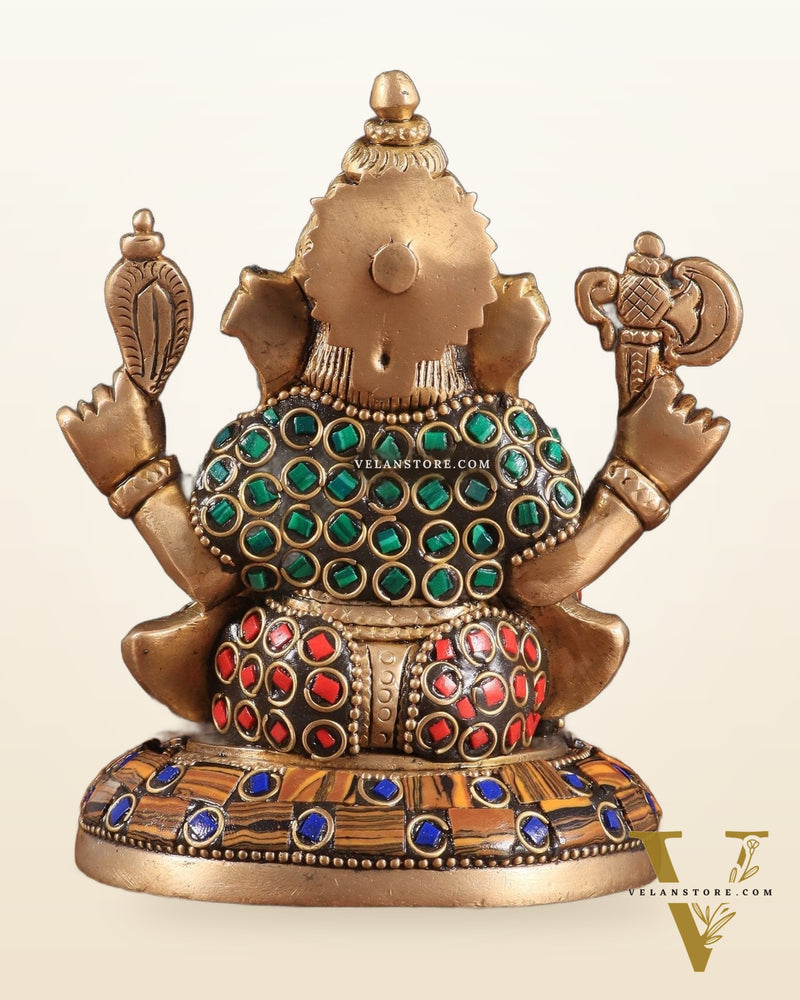 Brass Ganesha Idol with Stonework – 5" x 3" x 2" | Auspicious & Artistic Decor