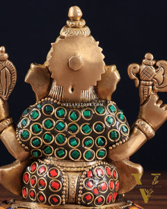 Brass Ganesha Idol with Stonework – 5" x 3" x 2" | Auspicious & Artistic Decor