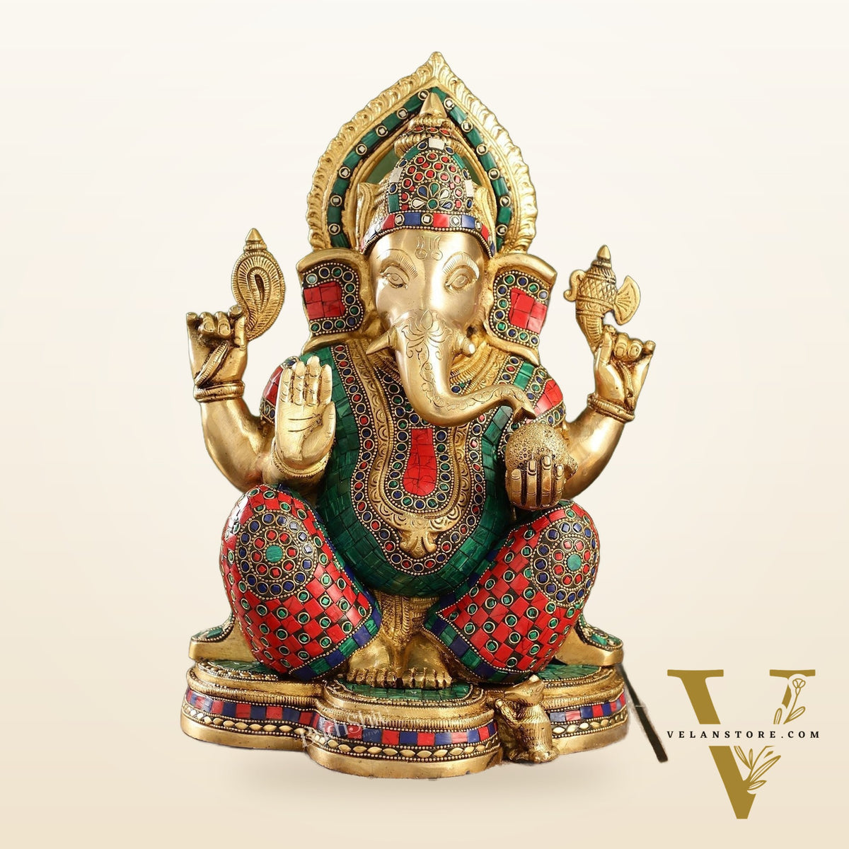 Brass Ganesha Idol with Stonework | Height 15 inch