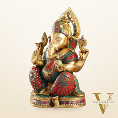 Brass Ganesha Idol with Stonework | Height 15 inch