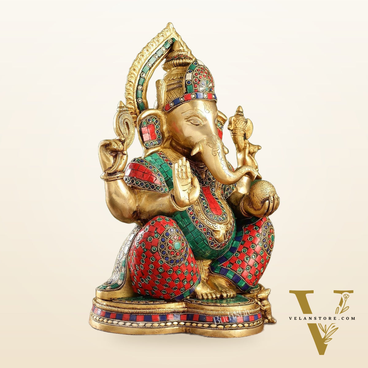 Brass Ganesha Idol with Stonework | Height 15 inch