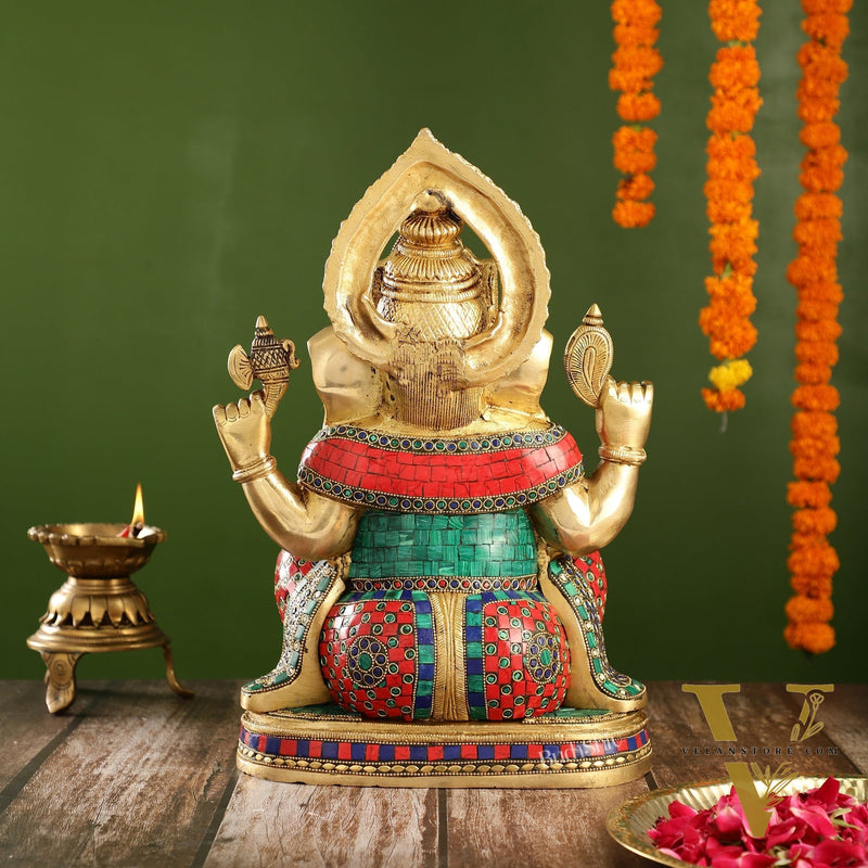 Brass Ganesha Idol with Stonework | Height 15 inch