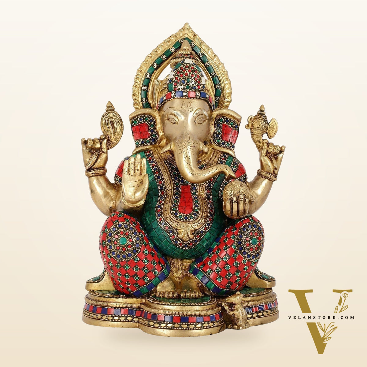 Brass Ganesha Idol with Stonework | Height 15 inch