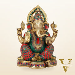 Brass Ganesha Idol with Stonework | Height 15 inch