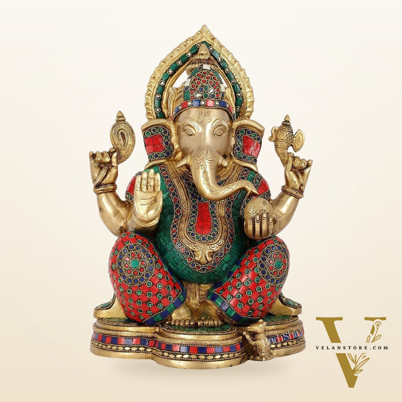 Brass Ganesha Idol with Stonework | Height 15 inch