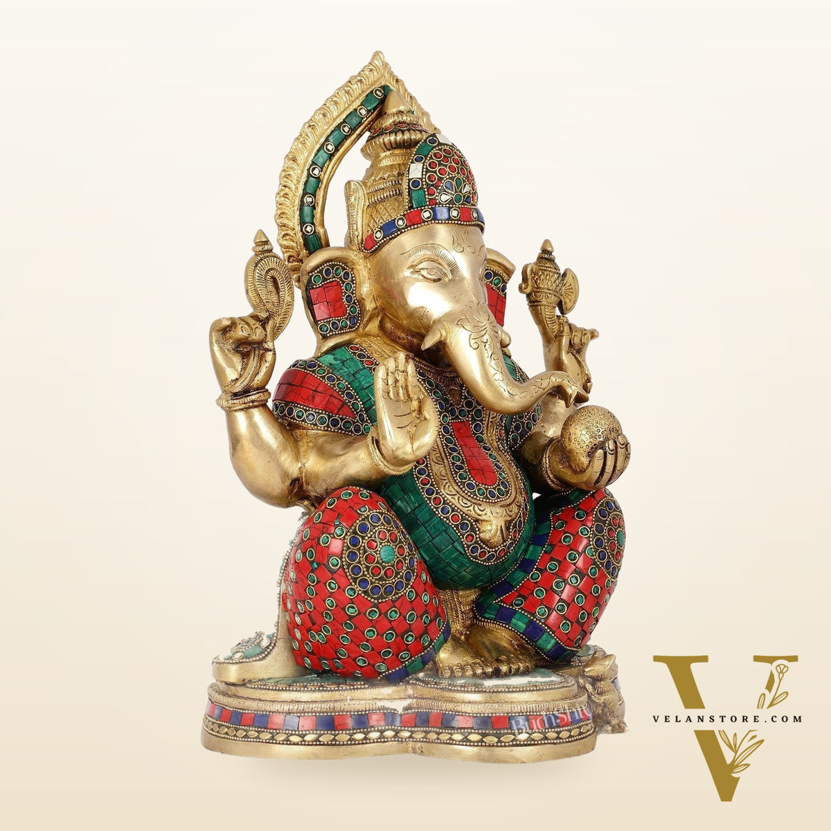 Brass Ganesha Idol with Stonework | Height 15 inch