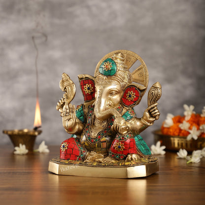 Brass Ganesha Idol with Stonework | Height 8 inch