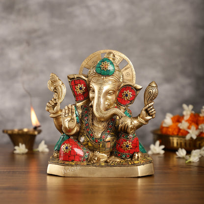 Brass Ganesha Idol with Stonework | Height 8 inch