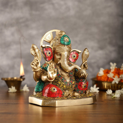 Brass Ganesha Idol with Stonework | Height 8 inch