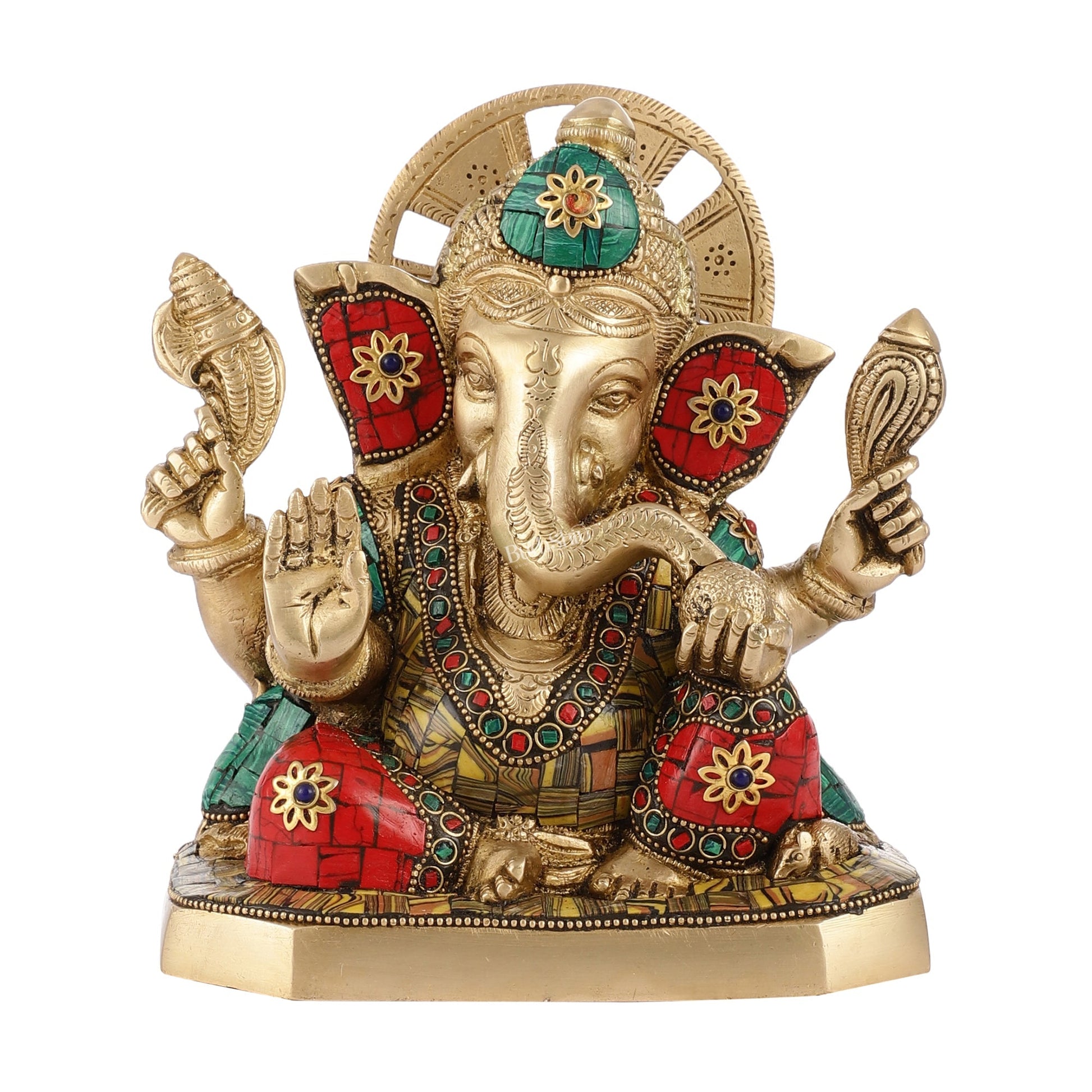 Brass Ganesha Idol with Stonework | Height 8 inch