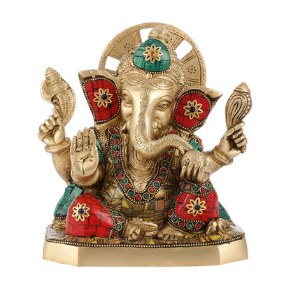 Brass Ganesha Idol with Stonework | Height 8 inch